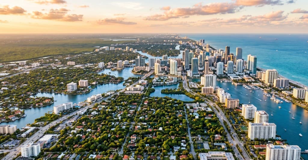 Aerial view of South Florida coastline, waterways, and city at sunrise or sunset