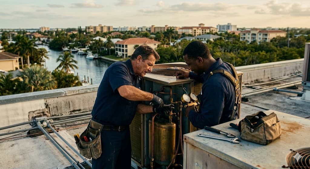 Two HVAC technicians working on a commercial rooftop unit at sunset, Florida coastal community in the background